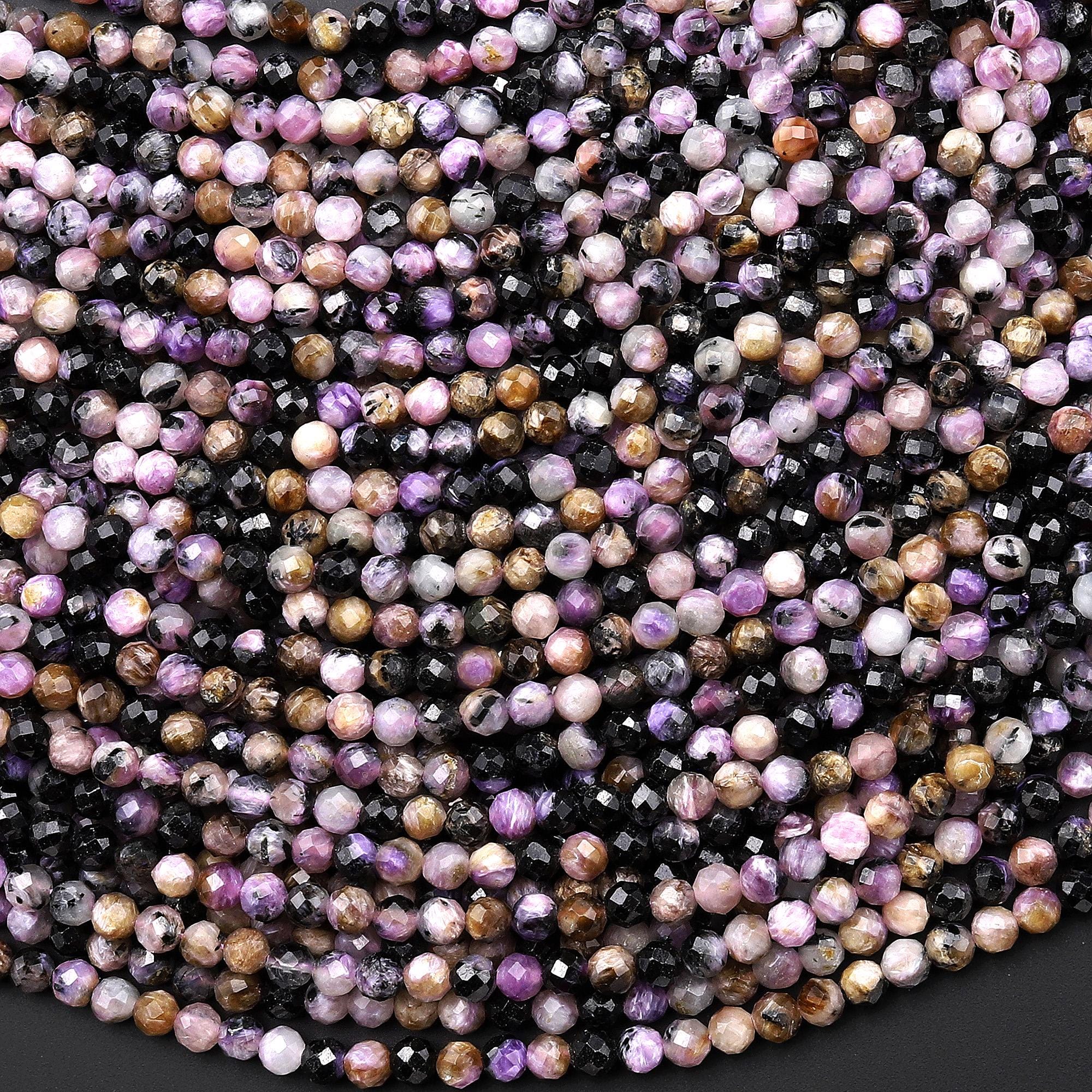 Faceted Real Natural Russian Purple Charoite Black Aegirine Matrix 3mm Round Beads Gemstone 15.5" Strand