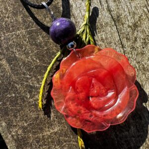 Cherry Quartz Carved Rose And Charoite, Healing Stone Necklace!
