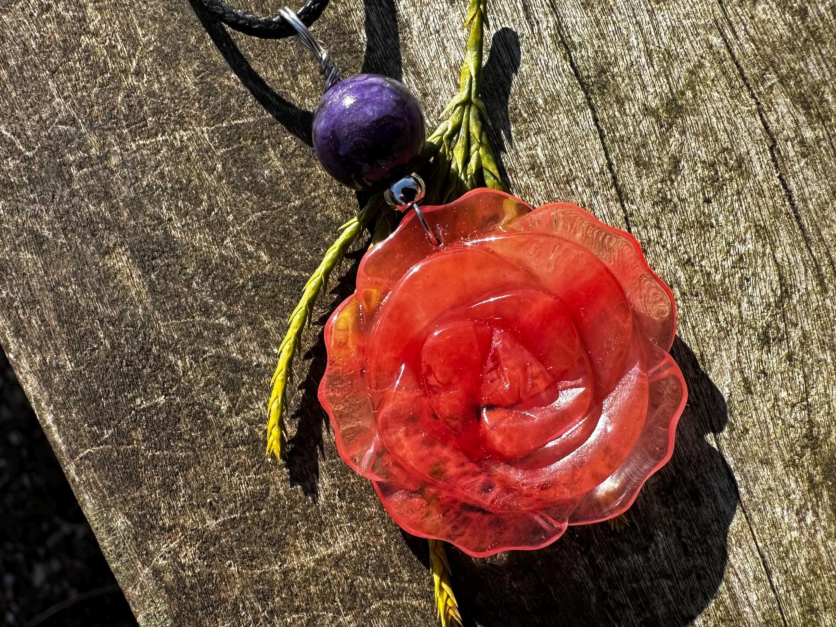 Cherry Quartz Carved Rose And Charoite, Healing Stone Necklace!