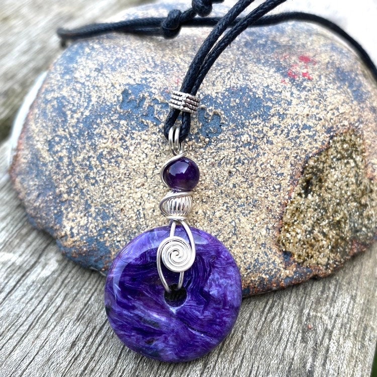Charoite Donut Necklace: Handmade Sterling Silver Wire Wrapped Gemstone On Adjustable Cord.