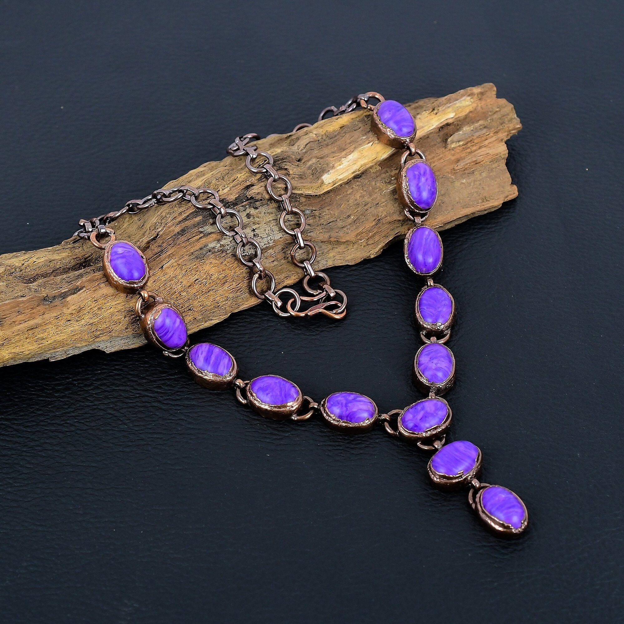 Charoite Necklace, Electroformed Copper Necklace Real Stone Jewelry Adjustable Chain Necklace Handmade Jewelry Gift For Birthday Anniversary