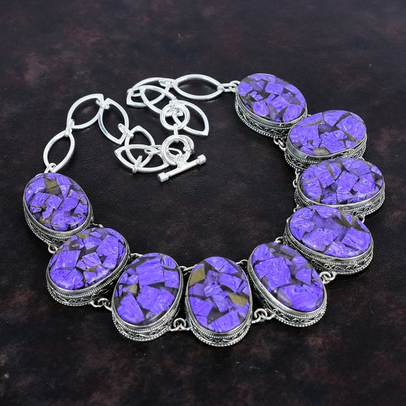 Handmade Copper Charoite Necklace, 925 Sterling Silver, 20 Inch Adjustable Chain