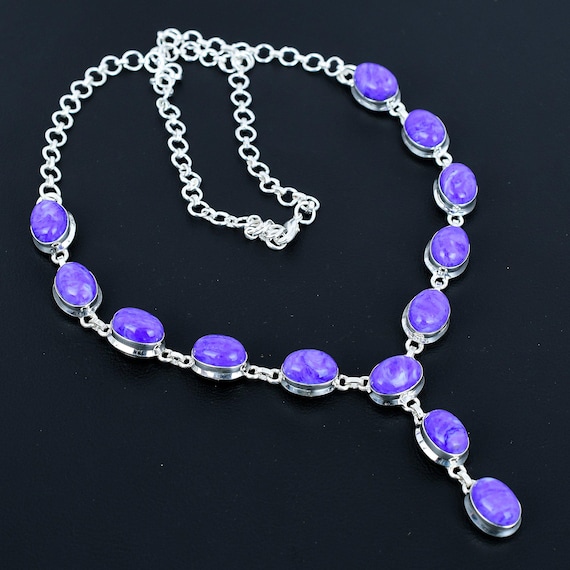 Handmade Charoite Gemstone Necklace: 925 Sterling Silver, Adjustable Chain