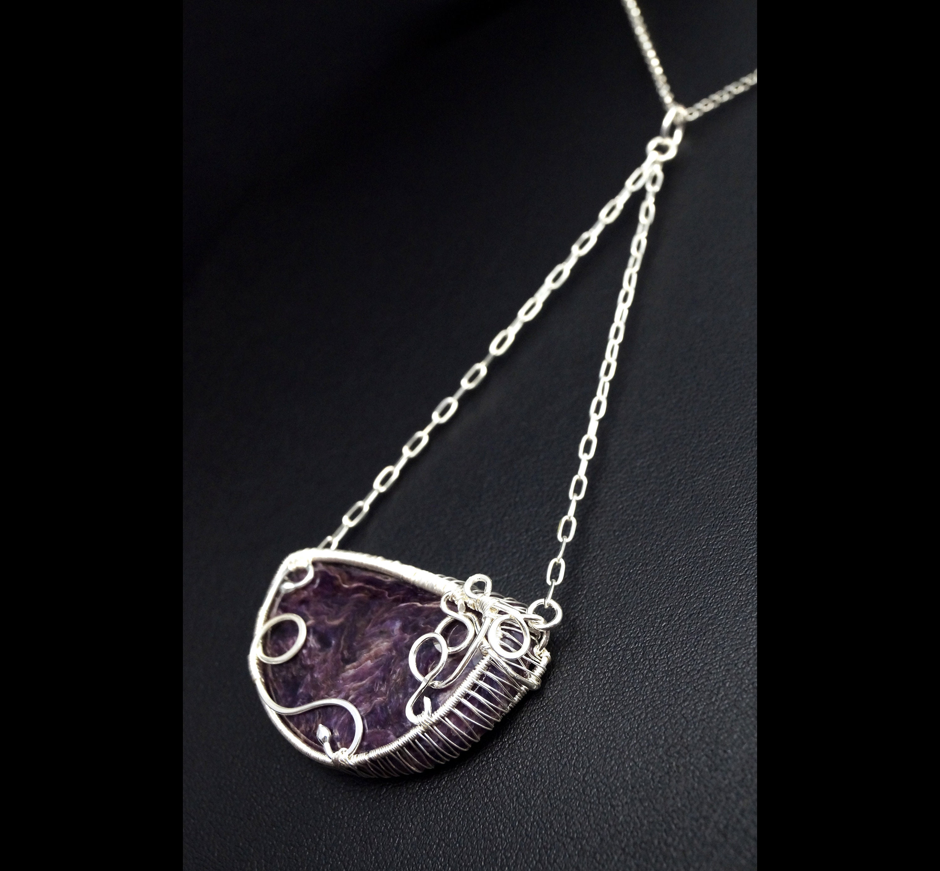 Handmade Charoite Sterling Silver Necklace: Wire Wrapped Artisan Jewelry Handmade Charoite Sterling Silver Necklace: Wire Wrapped Artisan Jewelry