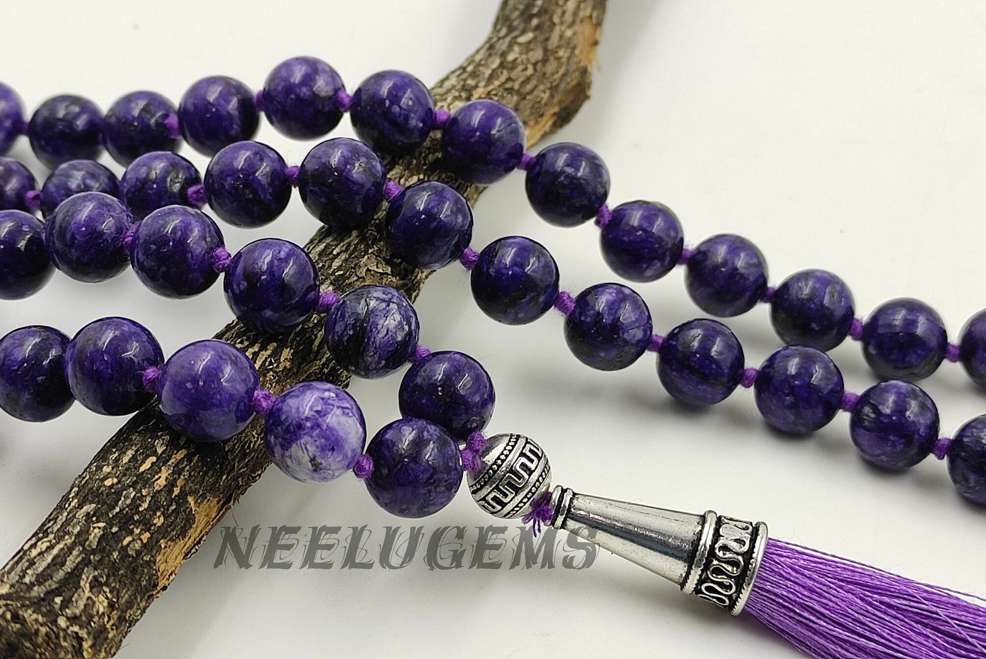 Charoite Mala Necklace 108 Beads Hand Knotted - Rare Purple Stone Of Transformation - Third Eye Chakra Prayer Beads - Luxury Spiritual Gift