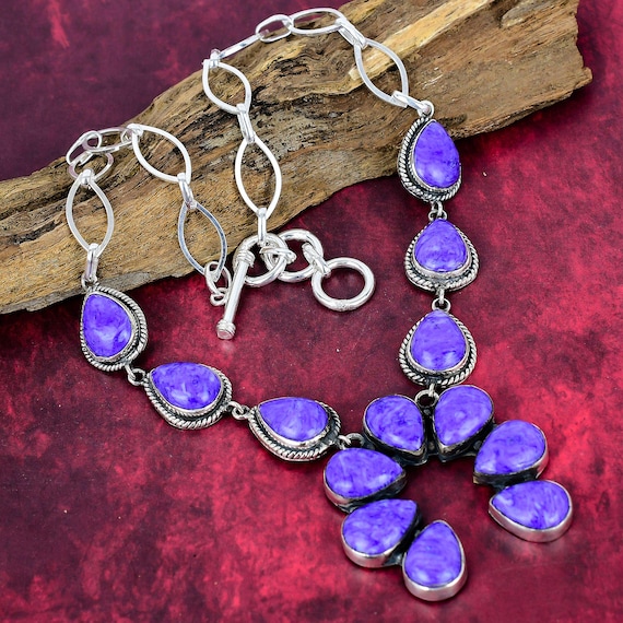 Natural Copper Charoite Gemstone Necklace Handmade Jewelry 925 Sterling Silver Necklace Adjustable Chain Necklace Anniversary Gifts