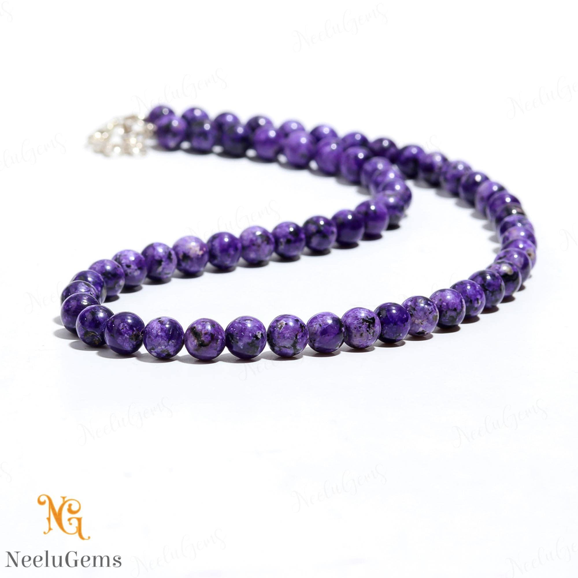 Natural Purple Charoite Beaded Necklace, 8mm Round Stone Jewelry, Rare Siberian Gemstone Choker, Healing Crystal Gift, Unique Gift For Women