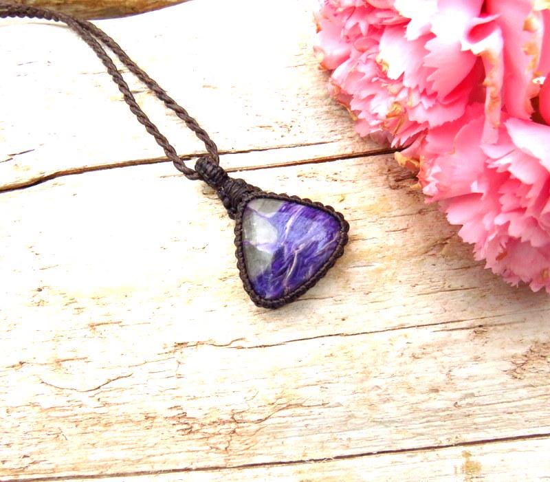 Purple Charoite Macrame Necklace, Gift Ideas, Boho Beauty, The Crystal Collector, Gemstone Jewelry Purple Charoite Macrame Necklace, Gift Ideas, Boho Beauty, The Crystal Collector, Gemstone Jewelry