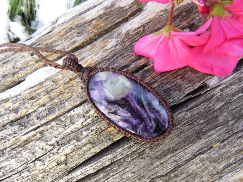Purple Charoite Macrame Necklace, Handmade Boho Gemstone Jewelry, Mothers Day Gfit