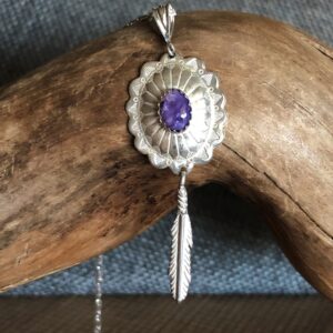 Southwest Sterling Silver Concho Necklace: Purple Charoite & Feather Southwest Sterling Silver Concho Necklace: Purple Charoite & Feather