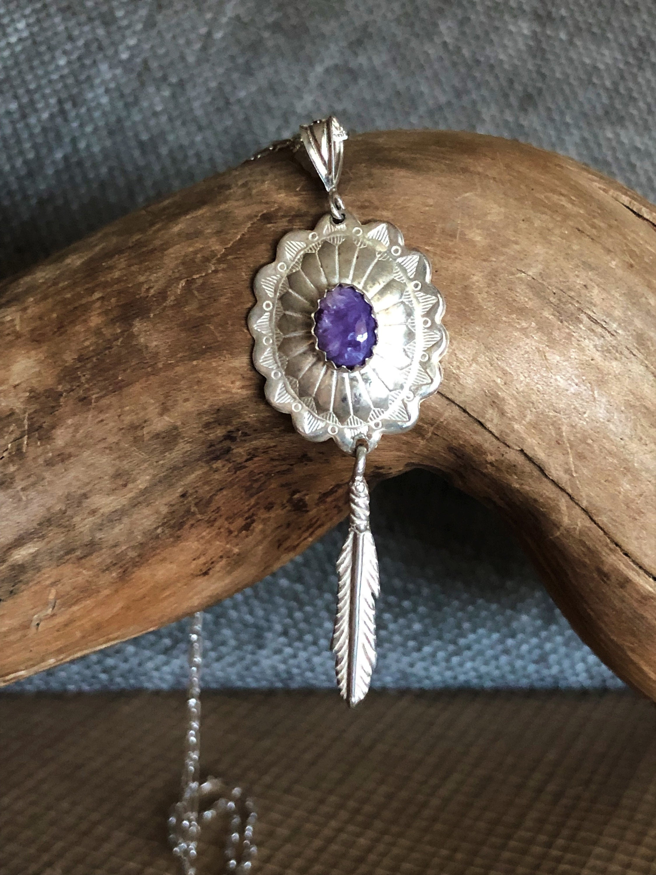 Southwest Sterling Silver Concho Necklace: Purple Charoite & Feather Southwest Sterling Silver Concho Necklace: Purple Charoite & Feather