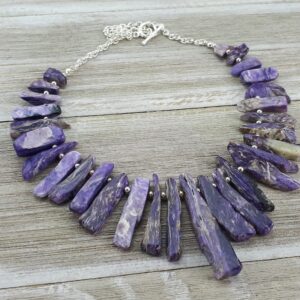 Charoite Statement Necklace - Natural Charoite Rough Cut / Polished Stick Necklace - Rare Purple Stone - Sterling Silver - One Of A Kind