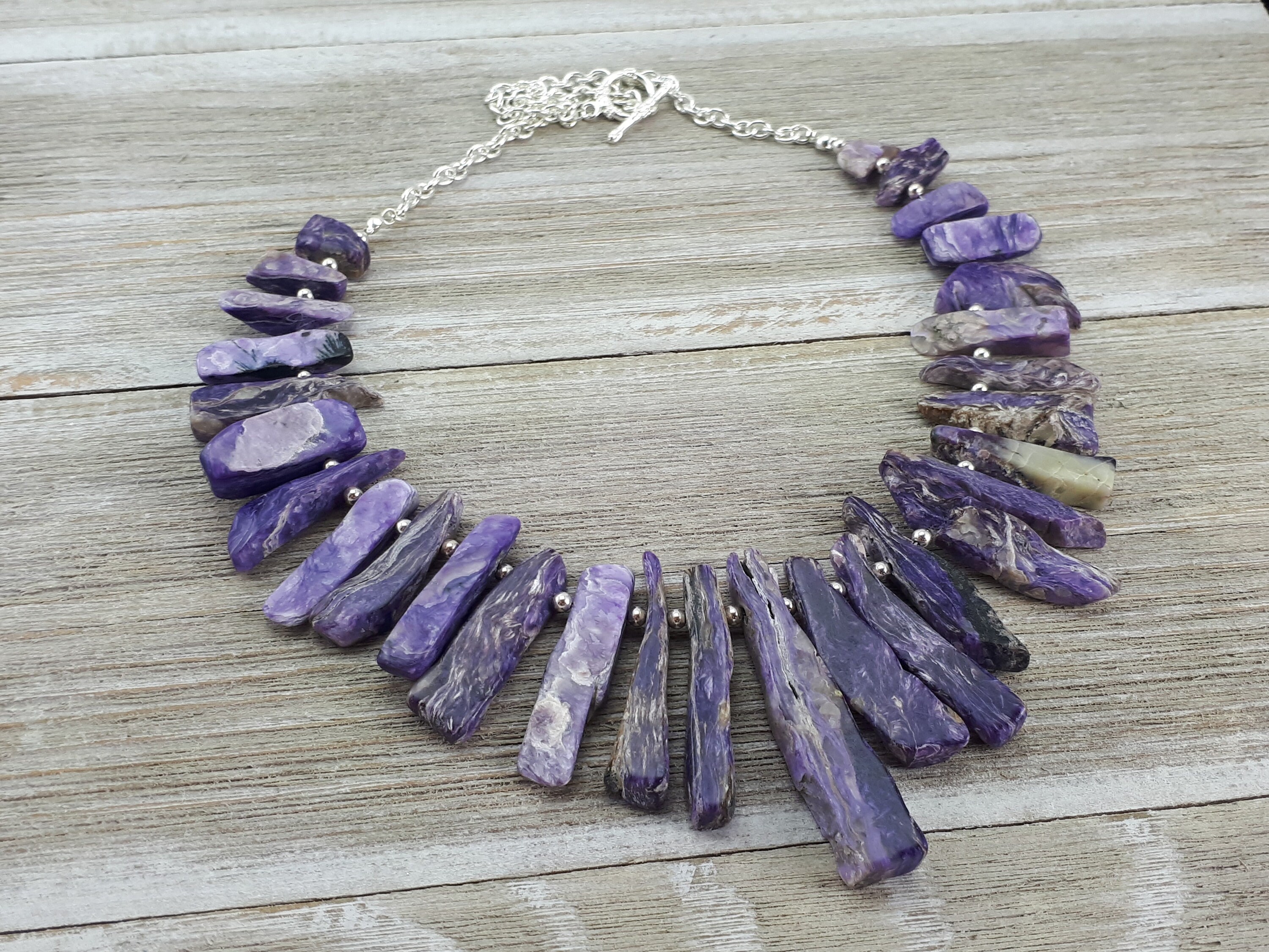 Charoite Statement Necklace - Natural Charoite Rough Cut / Polished Stick Necklace - Rare Purple Stone - Sterling Silver - One Of A Kind