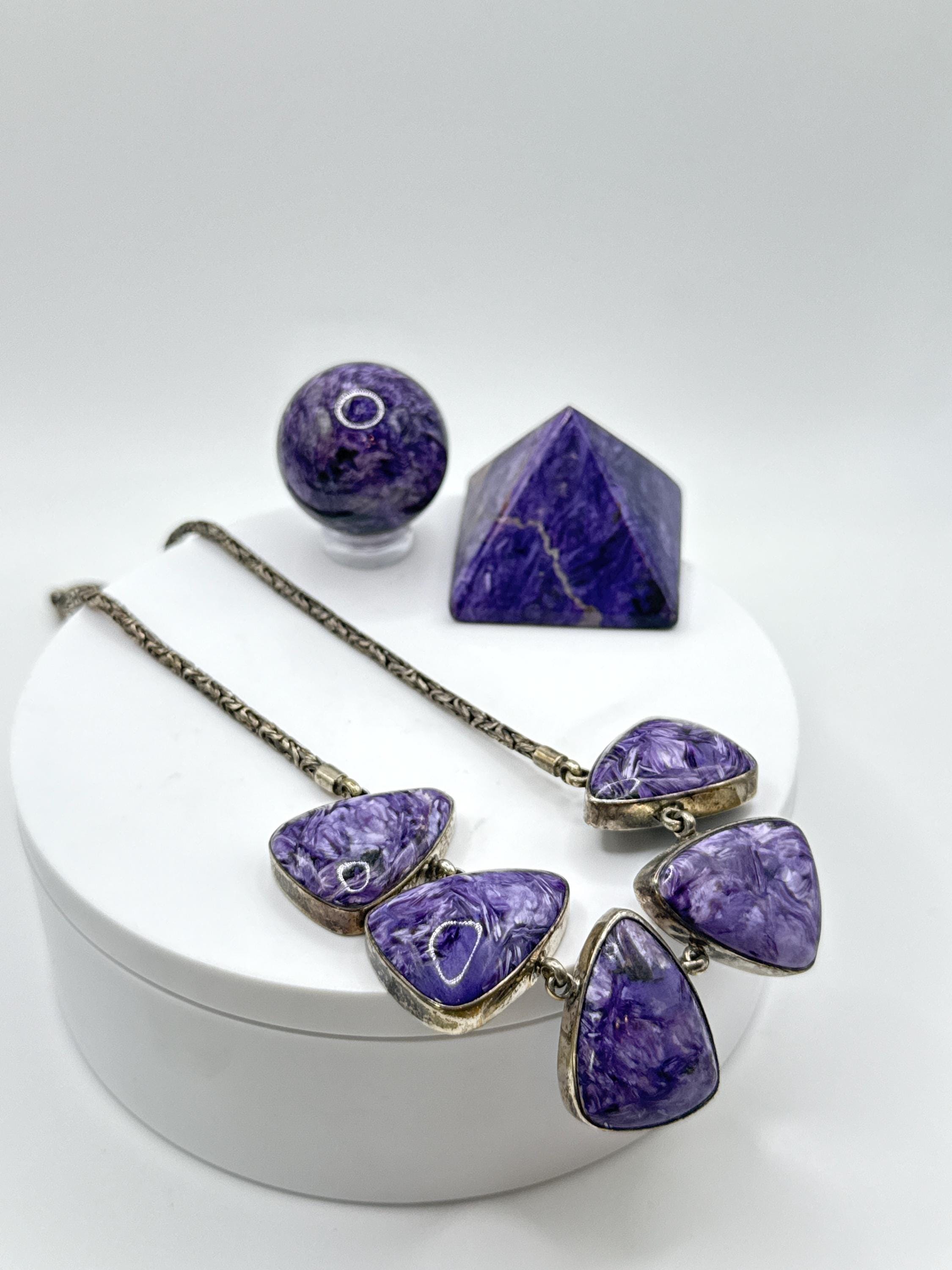 Charoite & Sterling Silver Geometric Necklace - 51.38 Grams
