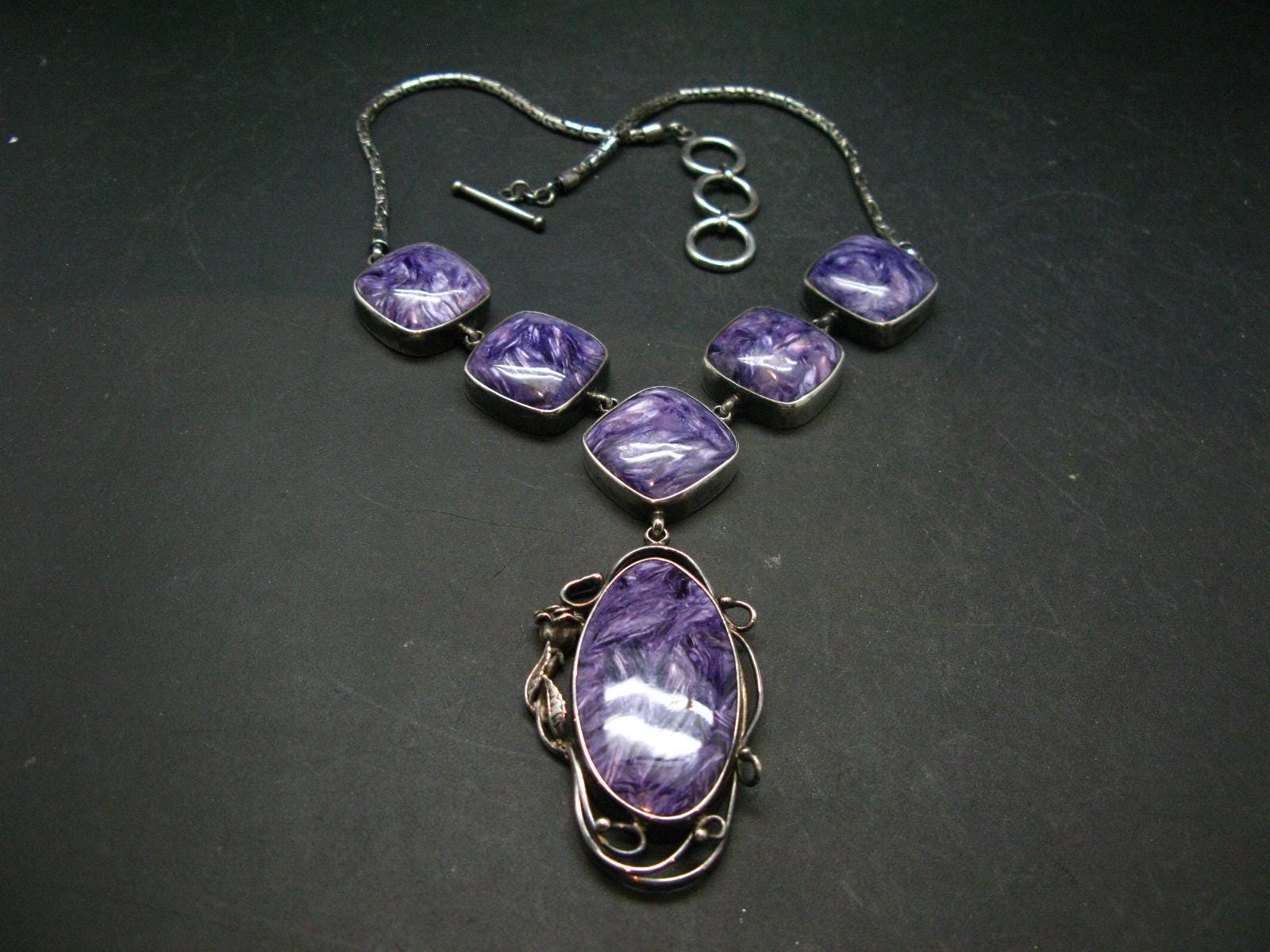Stunning Six Stones Silky Charoite Aaa Quality Sterling Silver Necklace From Russia - 17"