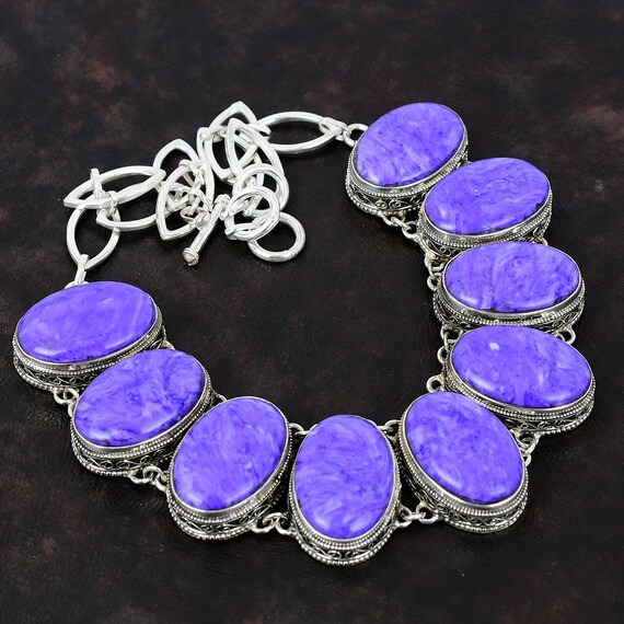 Vintage Charoite Necklace: Handmade 925 Sterling Silver Adjustable Chain