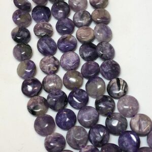 8mm Coin Russian Charoite Gemstone Beads. Full 15" Strand Of Purple Coin Beads, Approx. 50 Beads Per Strand.