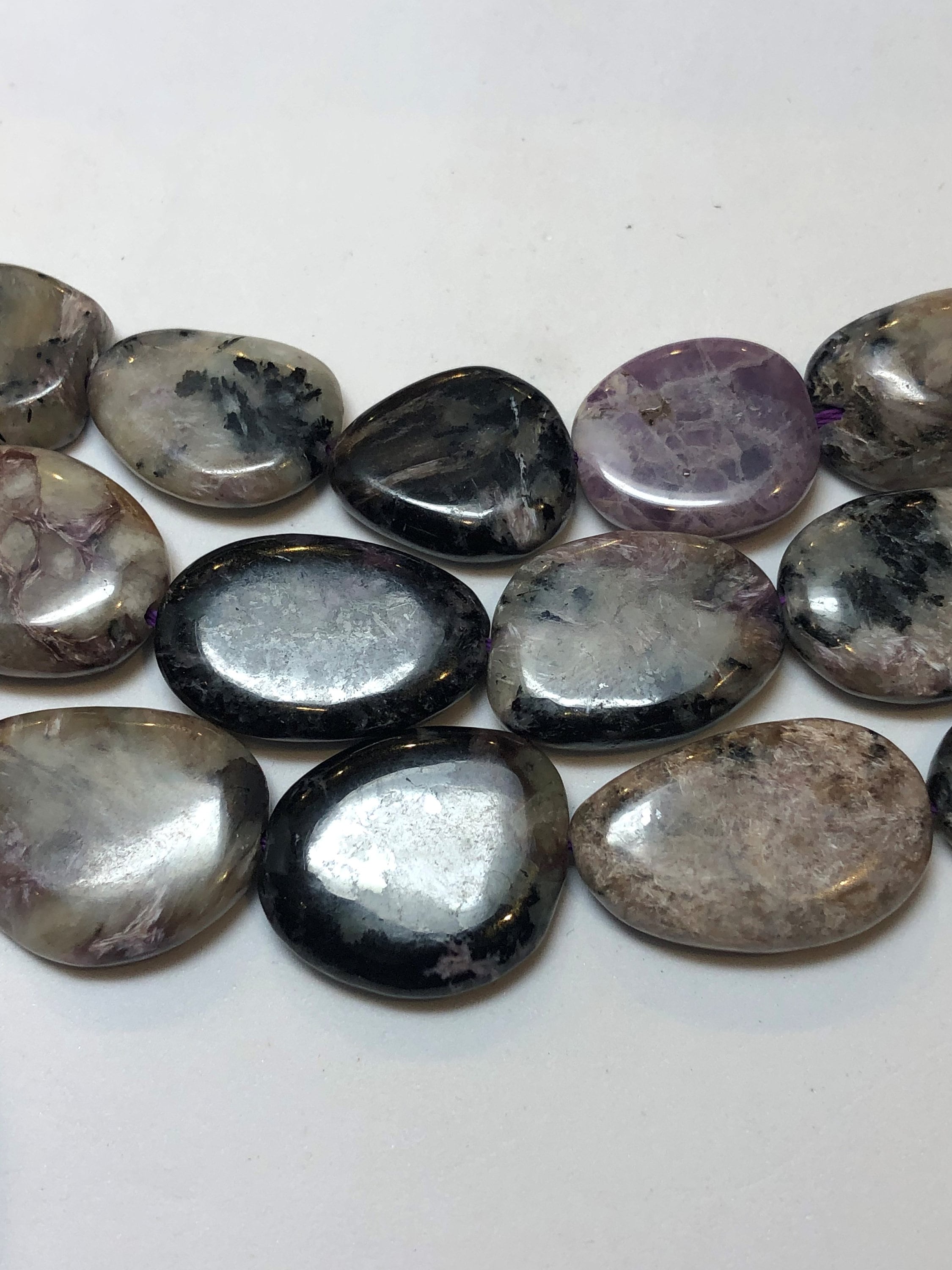 Flat Free Form Russian Charoite Gemstone Beads. Full 15" Strand Of 16x28mm Free Form Beads, Approx. 18-19 Beads Per Strand.