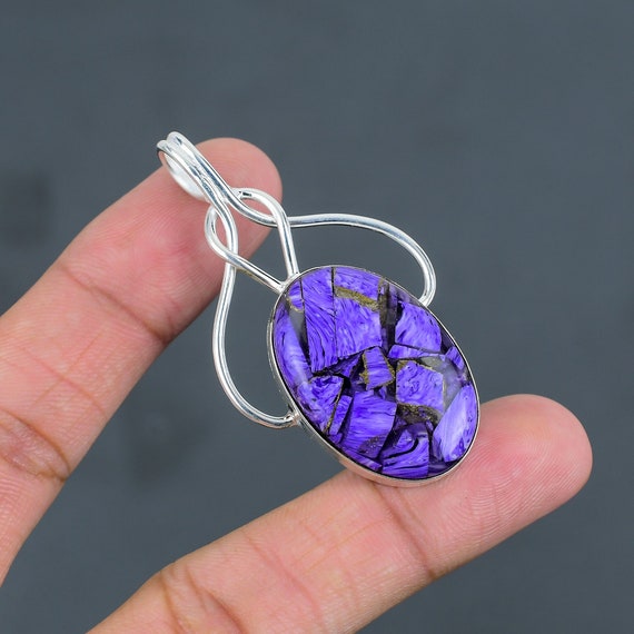 Copper Charoite Pendant: Handmade 925 Sterling Silver Flower Jewelry