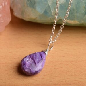 Designer Charoite Pendant In 925 Sterling Silver, Gemstone Necklace, Artisan Pendant, Silver Jewelry, Silver Wire, Dainty Pendant, Gift Her