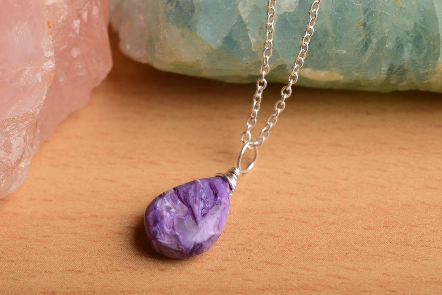 Designer Charoite Pendant In 925 Sterling Silver, Gemstone Necklace, Artisan Pendant, Silver Jewelry, Silver Wire, Dainty Pendant, Gift Her