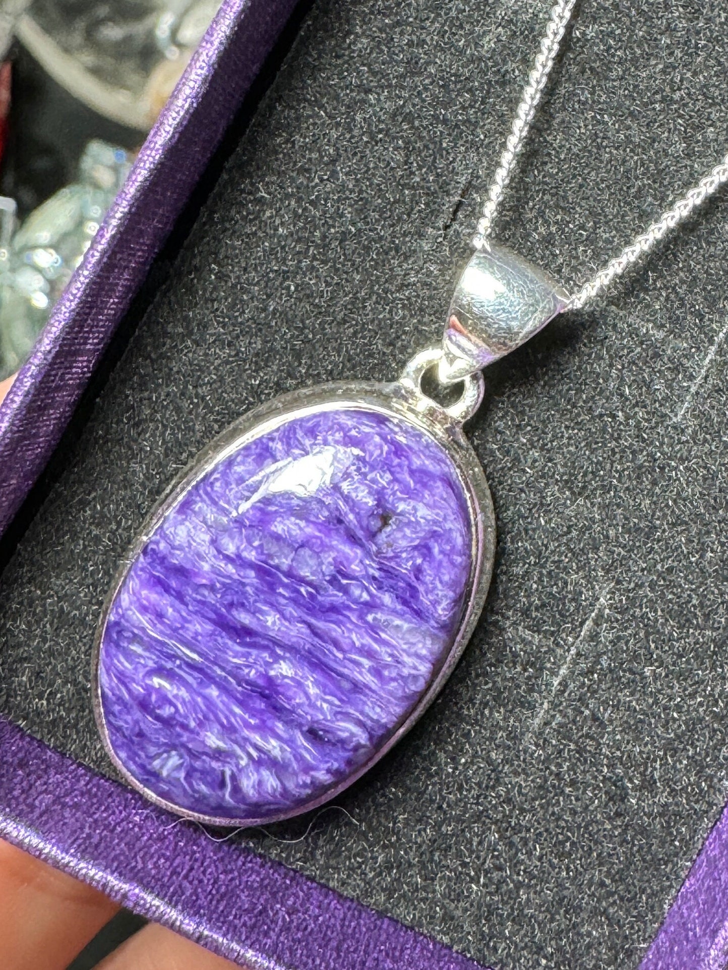 Genuine Charoite Pendant , Charoite Necklace , Gemstone Necklace , 925 Sterling