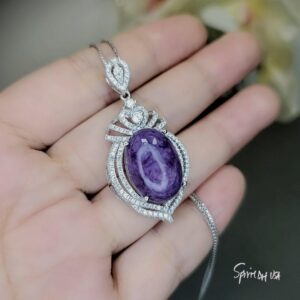Genuine Purple Charoite Necklace White Gold Plated Sterling Silver 10 Ct Halo Charoite Pendant Gemstone Large Wedding Royal#982