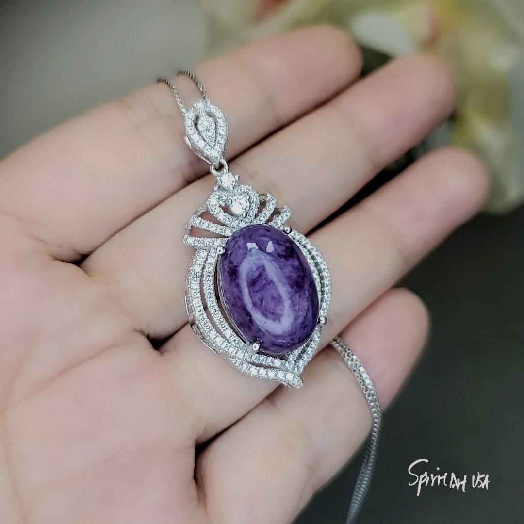 Genuine Purple Charoite Necklace White Gold Plated Sterling Silver 10 Ct Halo Charoite Pendant Gemstone Large Wedding Royal#982