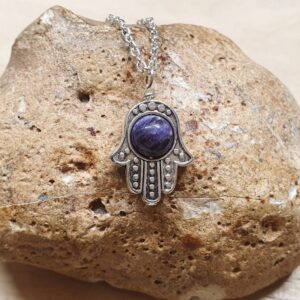 Charoite hamsa pendant. Reiki jewelry. Violet Flame jewelry uk