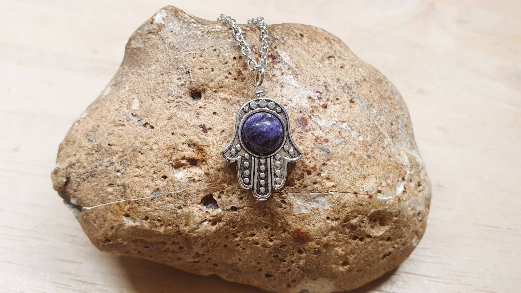 Charoite Hamsa Pendant. Reiki Jewelry. Violet Flame Jewelry Uk