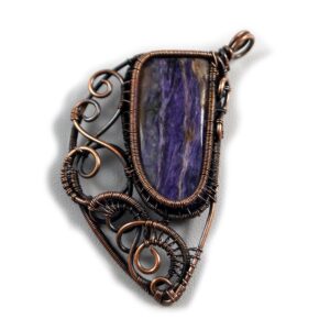 Handcrafted Charoite Copper Pendant: Wire Wrapped Amulet