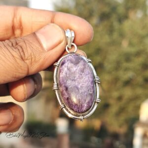 Handcrafted Charoite Pendant Necklace: 925 Sterling Silver Oval Gemstone