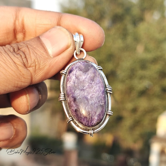 Handcrafted Charoite Pendant Necklace: 925 Sterling Silver Oval Gemstone