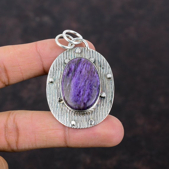 Handmade Charoite Pendant: 925 Sterling Silver Gemstone Jewelry Handmade Charoite Pendant: 925 Sterling Silver Gemstone Jewelry