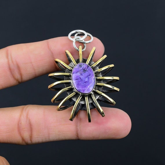 Handmade Charoite Pendant: 925 Sterling Silver 18k Gold Plated Cage