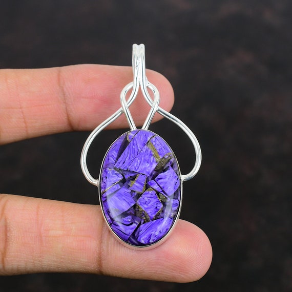 Handmade Copper Charoite Pendant: 925 Sterling Silver Boho Jewelry