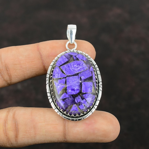 Handmade Copper Charoite 925 Sterling Silver Pendant: Hippie Gemstone Jewelry