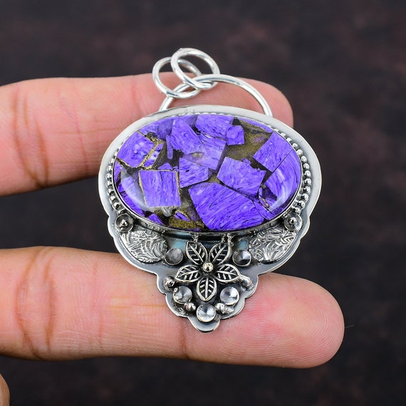 Handmade Copper Charoite Pendant: 925 Sterling Silver Gemstone Jewelry