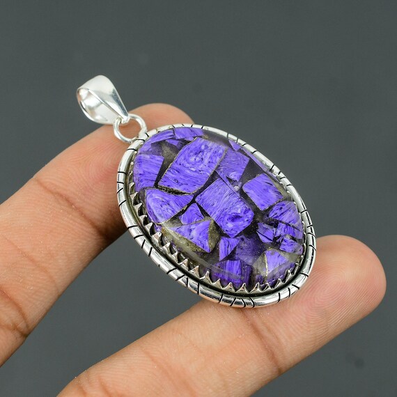 Handmade Copper Charoite Gemstone Pendant: 925 Sterling Silver
