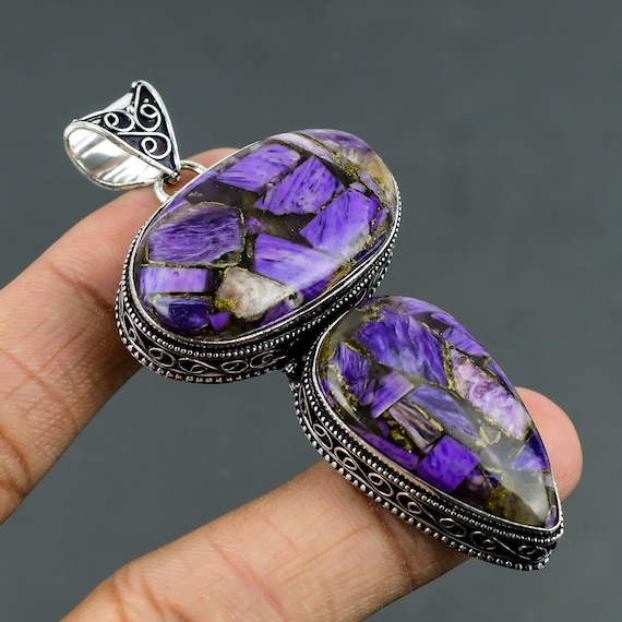Handmade Copper Charoite Pendant: Vintage 925 Sterling Silver Jewelry