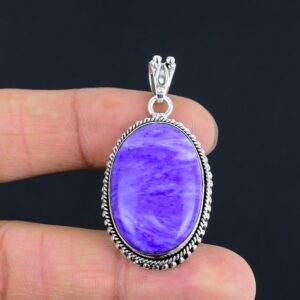 Handmade Oval Charoite Pendant: 925 Sterling Silver Wedding Jewelry