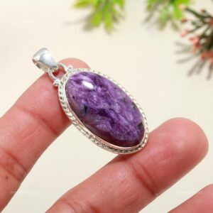 Handmade Oval Charoite Pendant: 925 Sterling Silver Gemstone