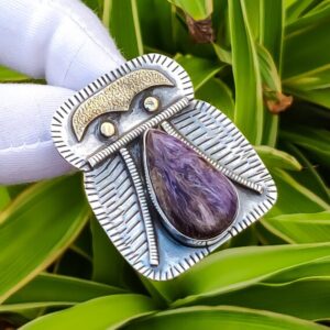 Handmade Pear Charoite Pendant: 925 Sterling Silver, 18k Gold Plated
