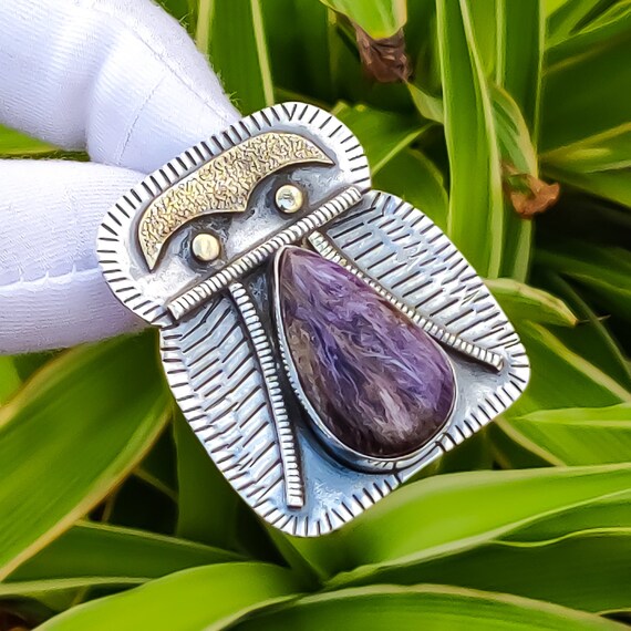 Handmade Pear Charoite Pendant: 925 Sterling Silver, Copper & Gold Accent