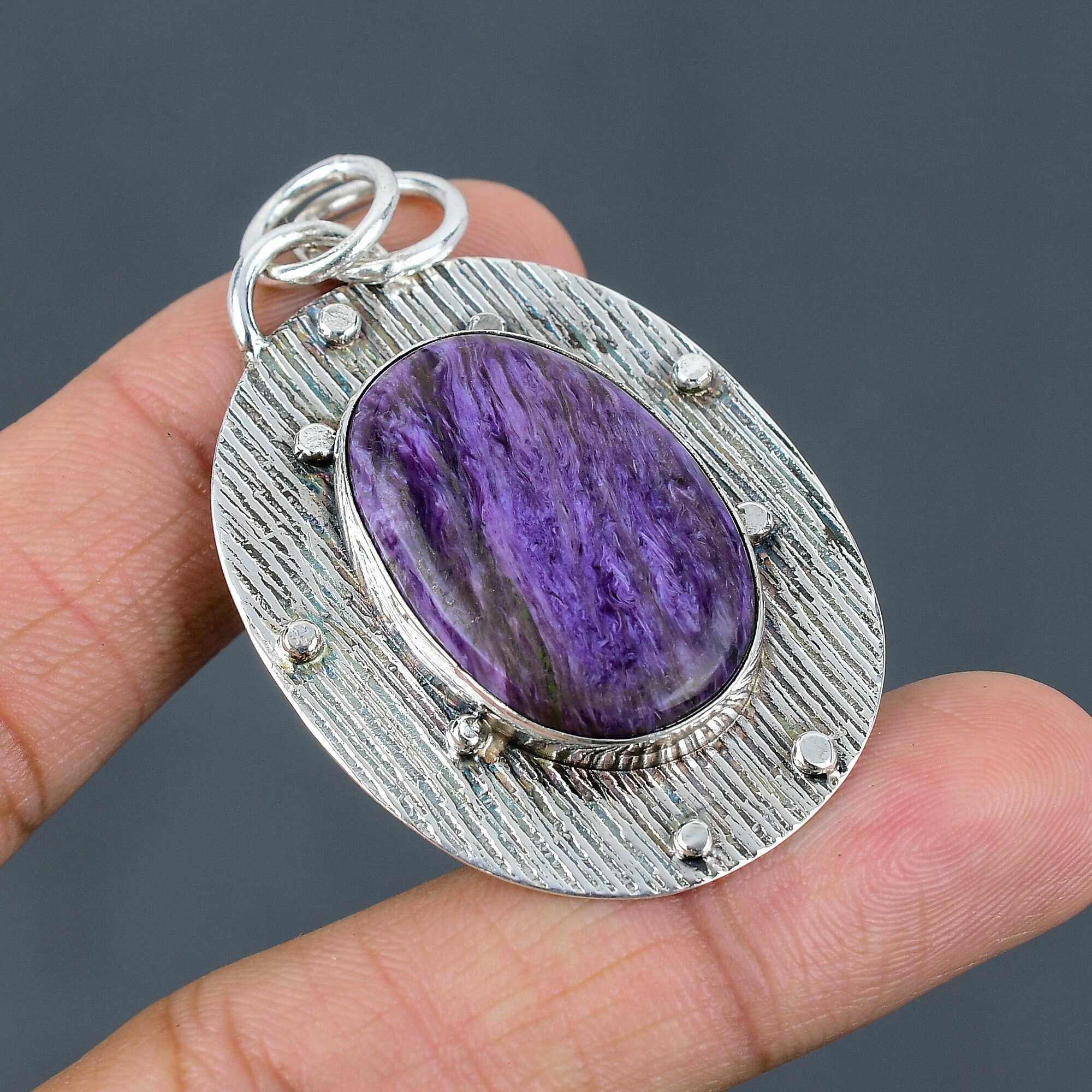 Handmade Charoite Pendant: Sterling Silver Boho Jewelry Handmade Charoite Pendant: Sterling Silver Boho Jewelry