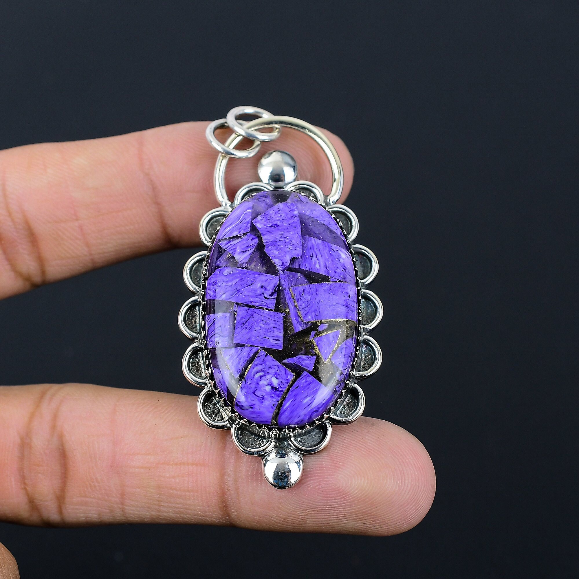 Handmade Sterling Silver Copper Charoite Pendant: Antique Gemstone Jewelry
