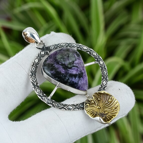Handmade Trillion Charoite Pendant: 925 Sterling Silver, 18k Gold Plated Handmade Trillion Charoite Pendant: 925 Sterling Silver, 18k Gold Plated