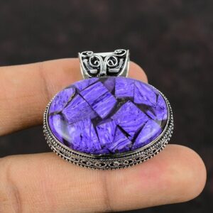 Handmade Charoite Pendant: Vintage Sterling Silver Statement Jewelry