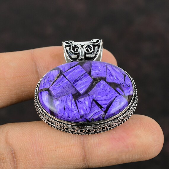 Handmade Charoite Pendant: Vintage Sterling Silver Statement Jewelry