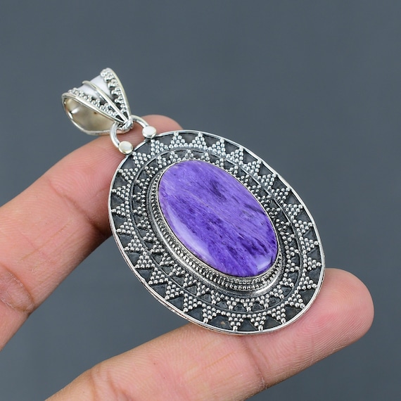 Handmade Charoite Pendant: Vintage Sterling Silver Gemstone Jewelry
